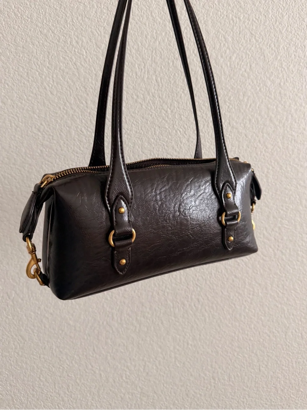 ZARA Brown Leather Shoulder Bag with Gold Hardware